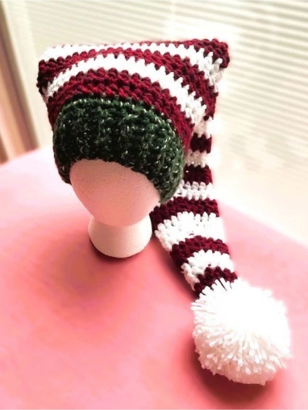 Striped Elf Kids Beanie Hat with Pom - White, Maroon & Dark Green